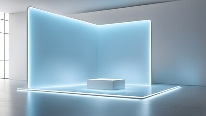 Fototapeta premium Modern minimalist product display with a white cube on a light blue illuminated platform, perfect for showcasing your brand.