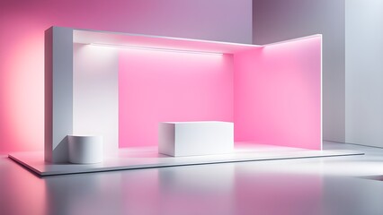 Modern minimalist pink and white exhibition stand with product display platforms and integrated lighting.