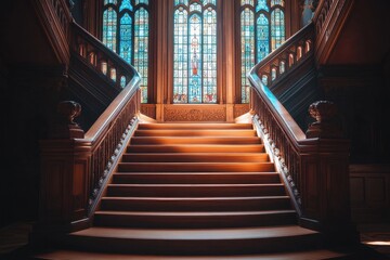 Grand Staircase with Stained Glass Windows in Gothic Architecture Style.