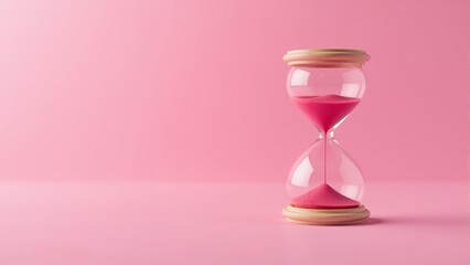 Hourglass filled with vibrant pink sand on a pastel pink background creating a whimsical atmosphere