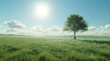 Obraz premium A peaceful wide-angle view of a green field with one tree standing tall, under a clear and sunny sky.