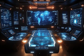 Futuristic control room with holographic displays showing world map.