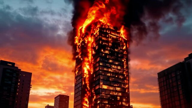 High-Rise Building Engulfed in Flames Against a Vibrant Evening Sky