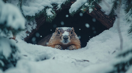 Obraz premium Groundhog emerges from burrow in snowy woodland on a chilly winter day