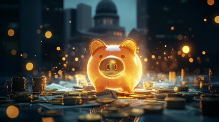 A glowing piggy bank surrounded by golden coins and dollar bills, with faint government building imagery in the background.