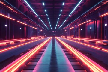 Modern warehouse with glowing conveyor belts Blue and orange light, wide angle and high resolution photography