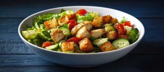 A steamed green salad with cubed chicken and croutons in a white bowl on a dark blue wooden table, closeup view.