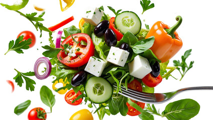 Falling vegetables, fresh salad of bell pepper, tomato and lettuce leaves Transparent Background, PNG.