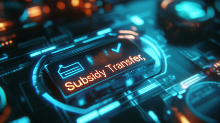 A futuristic close-up of digital currency icons, labeled "Subsidy Transfer," glowing over a sleek metallic surface.