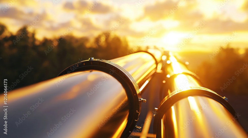 Poster Golden sunset over pipeline system with warm light and blurred trees in the background
