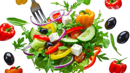 Falling vegetables, fresh salad of bell pepper, tomato and lettuce leaves Transparent Background, PNG.
