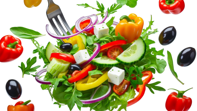 Falling vegetables, fresh salad of bell pepper, tomato and lettuce leaves Transparent Background, PNG.