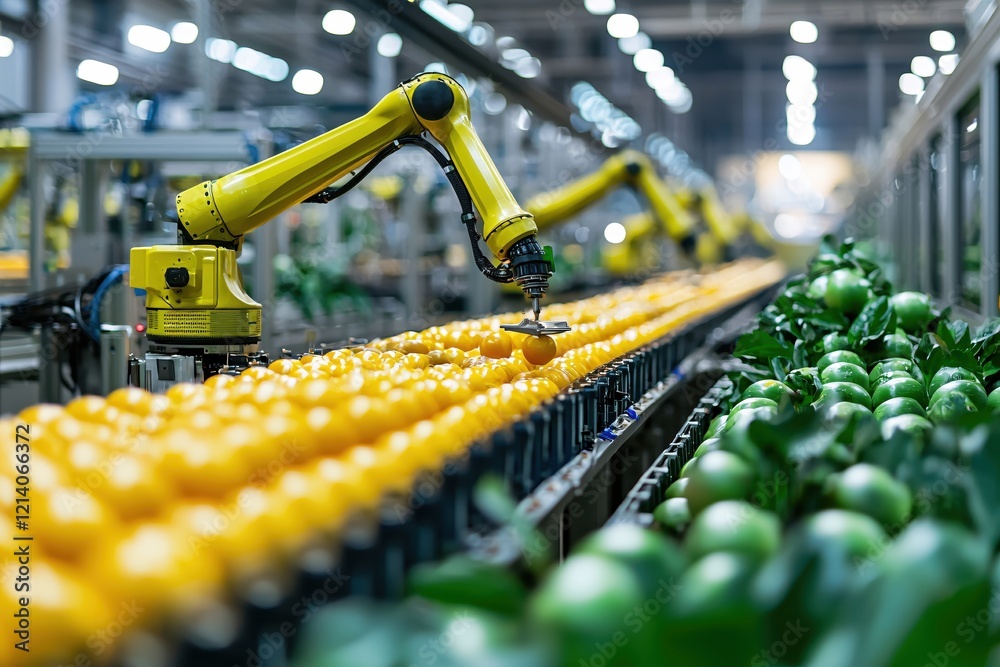 Aufkleber robotic arm picking citrus fruit on conveyor belt in automated food processing factory