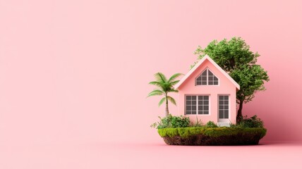 sustainability with forecast concept Miniature pink house with greenery on a pastel background.