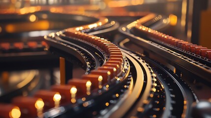 Automated production line with orange containers moving along a metallic conveyor belt system