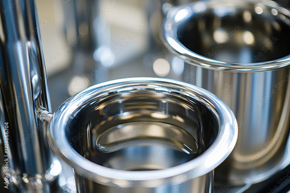 Poster shiny metal containers in a blurred background showing a modern industrial design and material