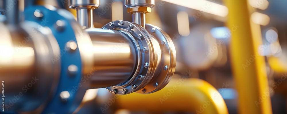 Poster industrial pipeline system with metal flanges and bolts in close up view with yellow pipes
