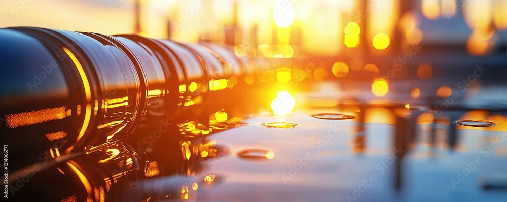 Fototapete sunset reflection on dark liquid surface with golden light and bokeh effect in background