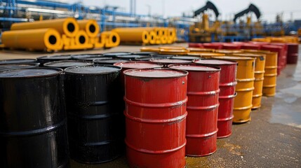 Colorful industrial barrels and pipes at a storage facility with oil extraction equipment in the background