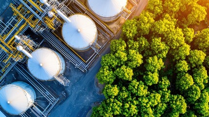 Aerial view of industrial plant with storage tanks and green trees at golden hour light