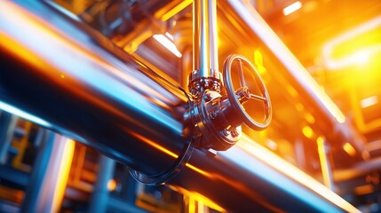 Industrial pipes with valve and bright light in a factory setting showing engineering and technology