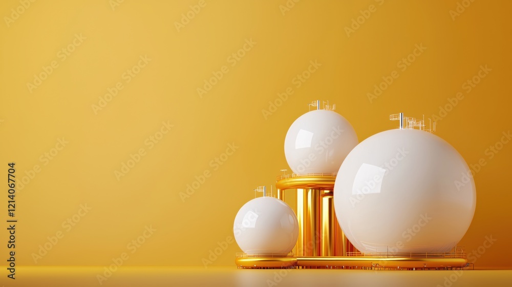 Poster three white spheres on golden platform against a solid yellow background in a studio setting