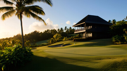 Fototapeta premium Tropical golf course with palm trees and luxury clubhouse at sunset