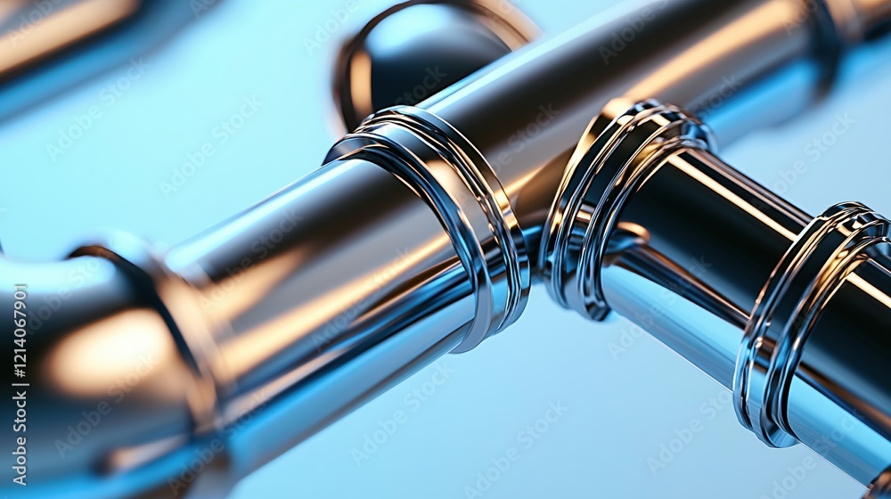 Aufkleber shiny metal pipes crossing each other with a smooth surface and a soft blue background