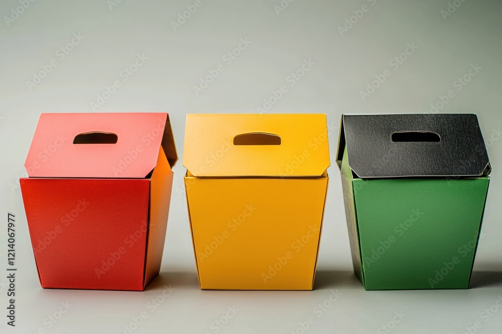 Poster Three colorful paper boxes in a row on a gray background ready for food or takeaway packaging