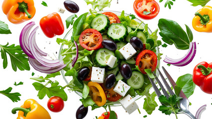 Falling vegetables, fresh salad of bell pepper, tomato and lettuce leaves Transparent Background, PNG.