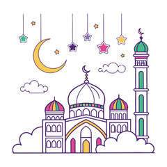 Ramadan Kareem greeting card with mosque and crescent. Vector illustration