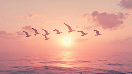 Obraz premium Flock of Seagulls Flying over Calm Ocean at Sunset
