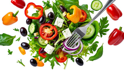 Falling vegetables, fresh salad of bell pepper, tomato and lettuce leaves Transparent Background, PNG.