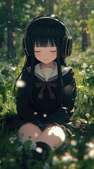 Girl Listens Music Headphones Peacefully Outdoors