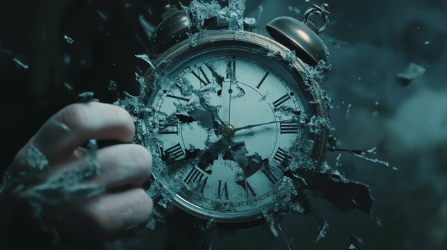 Shattered clock, hand, time destruction, dark ambiance.