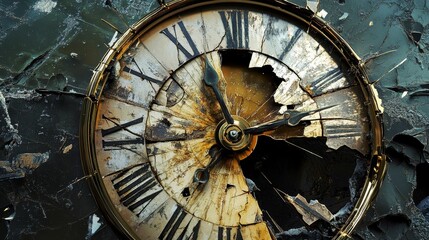 Obraz premium Shattered antique clock face, time stopped.