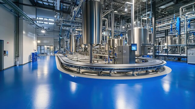 Modern industrial plant interior with stainless steel tanks and conveyor belt on blue floor