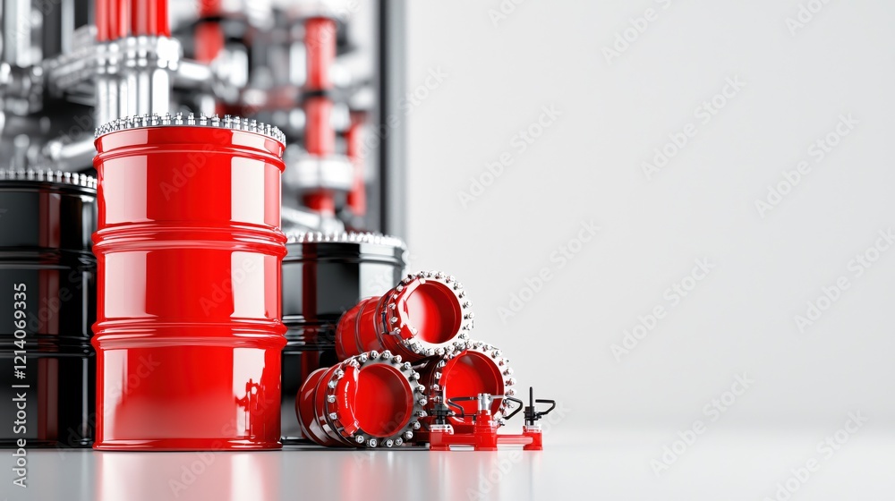 Aufkleber Red and black barrels stacked with a metallic structure on a plain white background