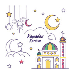 Fototapeta premium Ramadan Kareem greeting card with mosque and crescent. Vector illustration