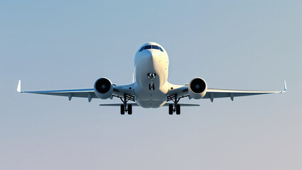 Fototapeta premium Modern passenger airplane flying in clear sky, front view