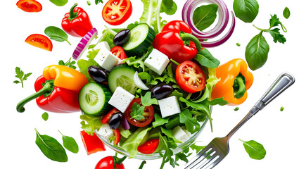 Falling vegetables, fresh salad of bell pepper, tomato and lettuce leaves Transparent Background, PNG.