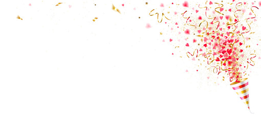 Explosion Party Popper with Red Hearts and Golden Confetti