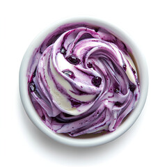 Fototapeta premium Delicious swirl of creamy vanilla ice cream with blueberry sauce, served in a small bowl. Perfect summer treat!