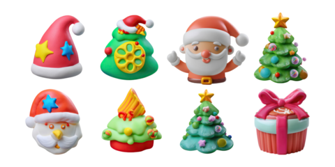 Festive Christmas Characters and Decorations in Colorful Style, PNG collection, set bundle, isolate on transparent or white background