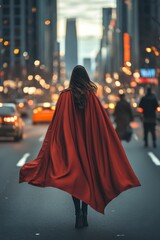 Red-caped figure walks city street, back view.