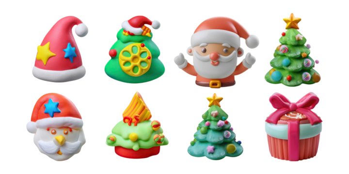 Festive Christmas Characters and Decorations in Colorful Style, PNG collection, set bundle, isolate on transparent or white background