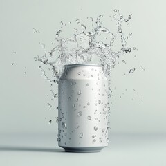Blank white aluminum soda can mockup with water drops splash, isolated on transparent background, 3D rendering, fizzy pop canned drink mockup