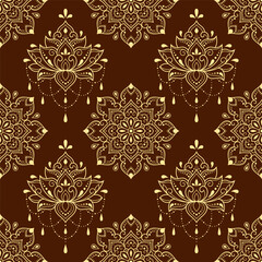 Seamless decorative ornament in ethnic oriental style. Lotus flower and mandala for Henna, Mehndi, tattoo, decoration. Doodle outline hand draw vector illustration.