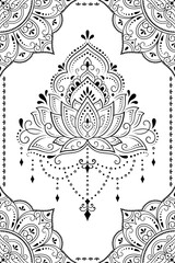 Seamless decorative ornament in ethnic oriental style. Lotus flower and mandala for Henna, Mehndi, tattoo, decoration. Doodle outline hand draw vector illustration.