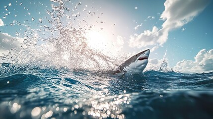 Fototapeta premium Dynamic great white shark breaching the ocean surface, captured in a vibrant, splashy style with bright sunlight and a sense of speed and power. 